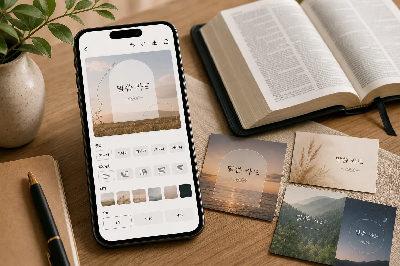 성경 말씀 카드 편집 앱과 성경책이 놓인 모습